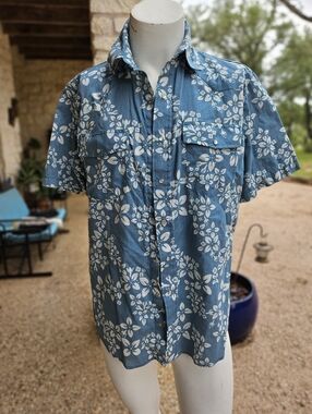 Western Aloha Hawaiian Pearl Snap Short  Sleeve Shirt Blue White Floral Size XL